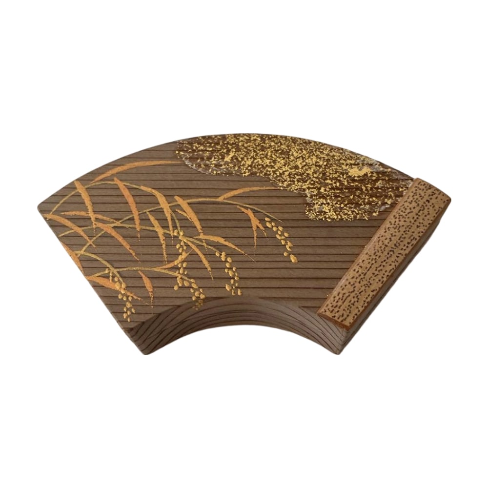 Fan-shaped incense box, designed by Kiyomizu Akira, crafted from ancient cedar wood. (1 of 9)