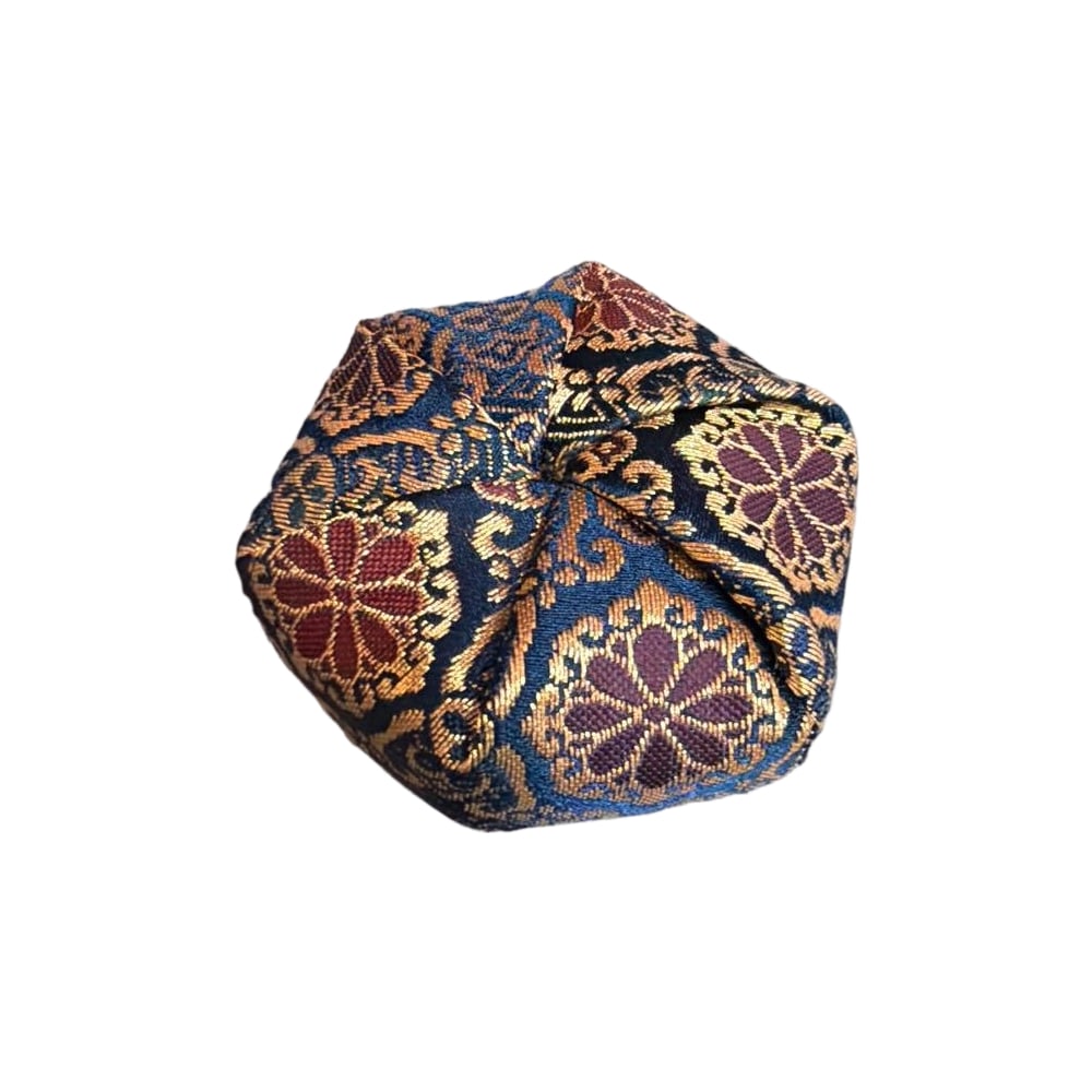 Silk Brocade Incense Box, Fabric Incense Box, Portable Censer: This is a portable fabric incense box (incense burner) made from exquisite gold-threaded brocade fabric. The fabric is adorned with elegant floral arabesque patterns, predominantly in navy blue and go
