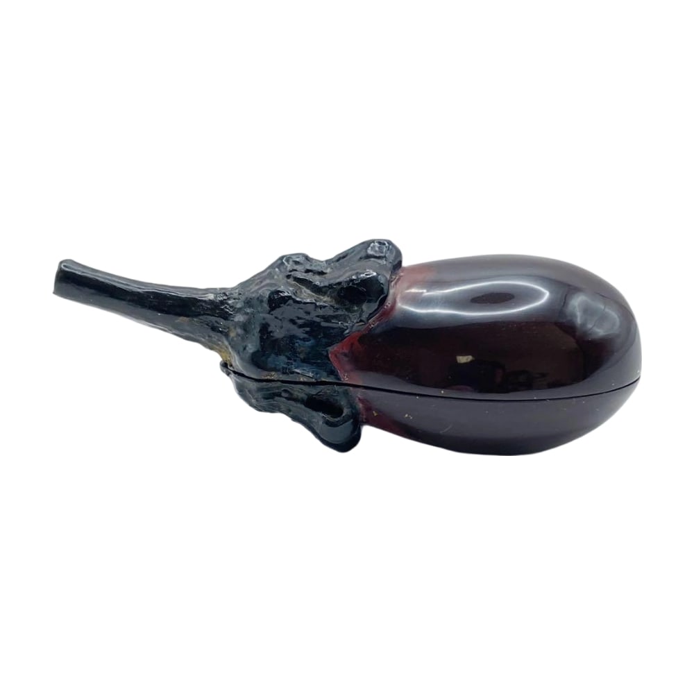 Eggplant-shaped dry lacquer incense box, work by Takahiro Mine, with original box. (1 of 11)