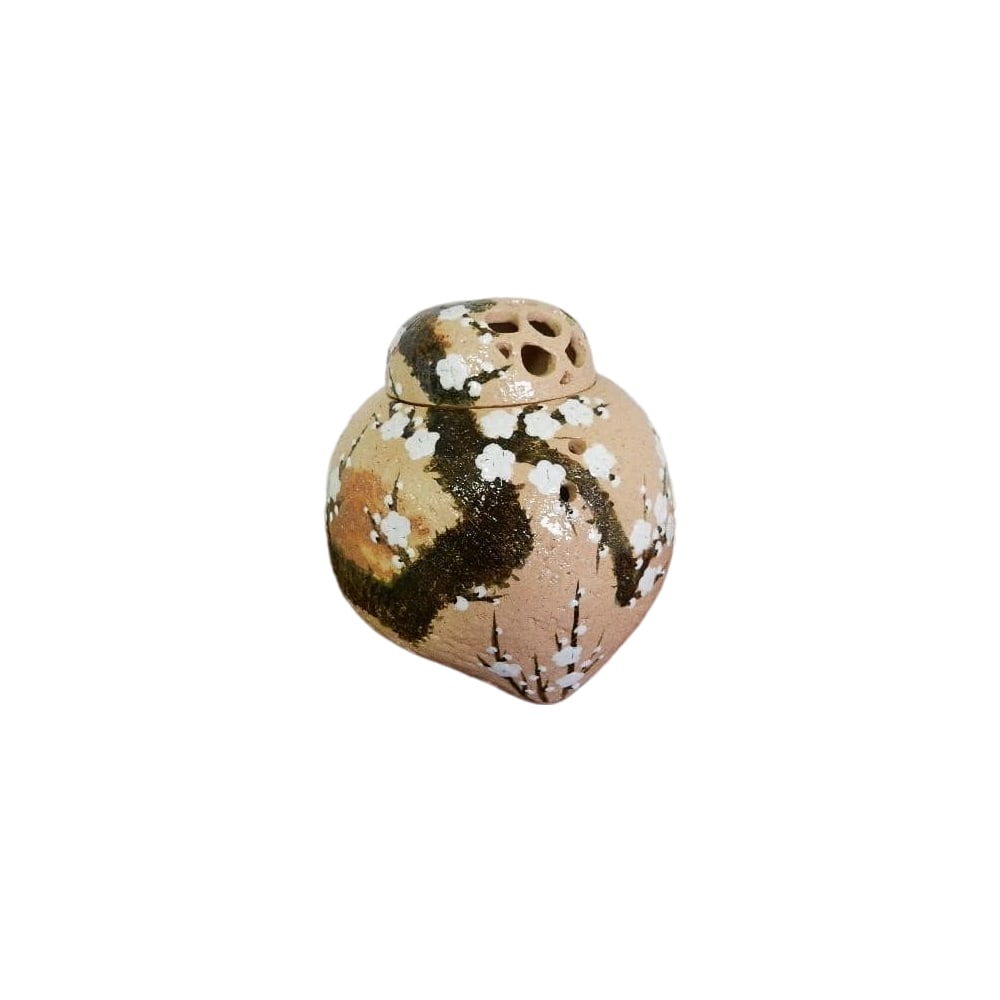 A plum blossom-shaped hand warmer in the Kenzan style, crafted by Goto (Eiko) Akimichi.: This is a tea ceremony utensil "Hand Warmer" (tea brazier), created by the first generation "Goto Meido" (ceramic artist name "Eiko Meido"). The double-panel lid of the box is inscribed with "Plum Blo