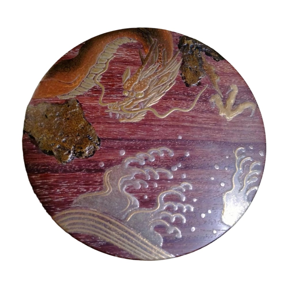 A redwood material, genuine gold lacquerware, decorated with dynamic wave and dragon motifs, a (1 of 9)