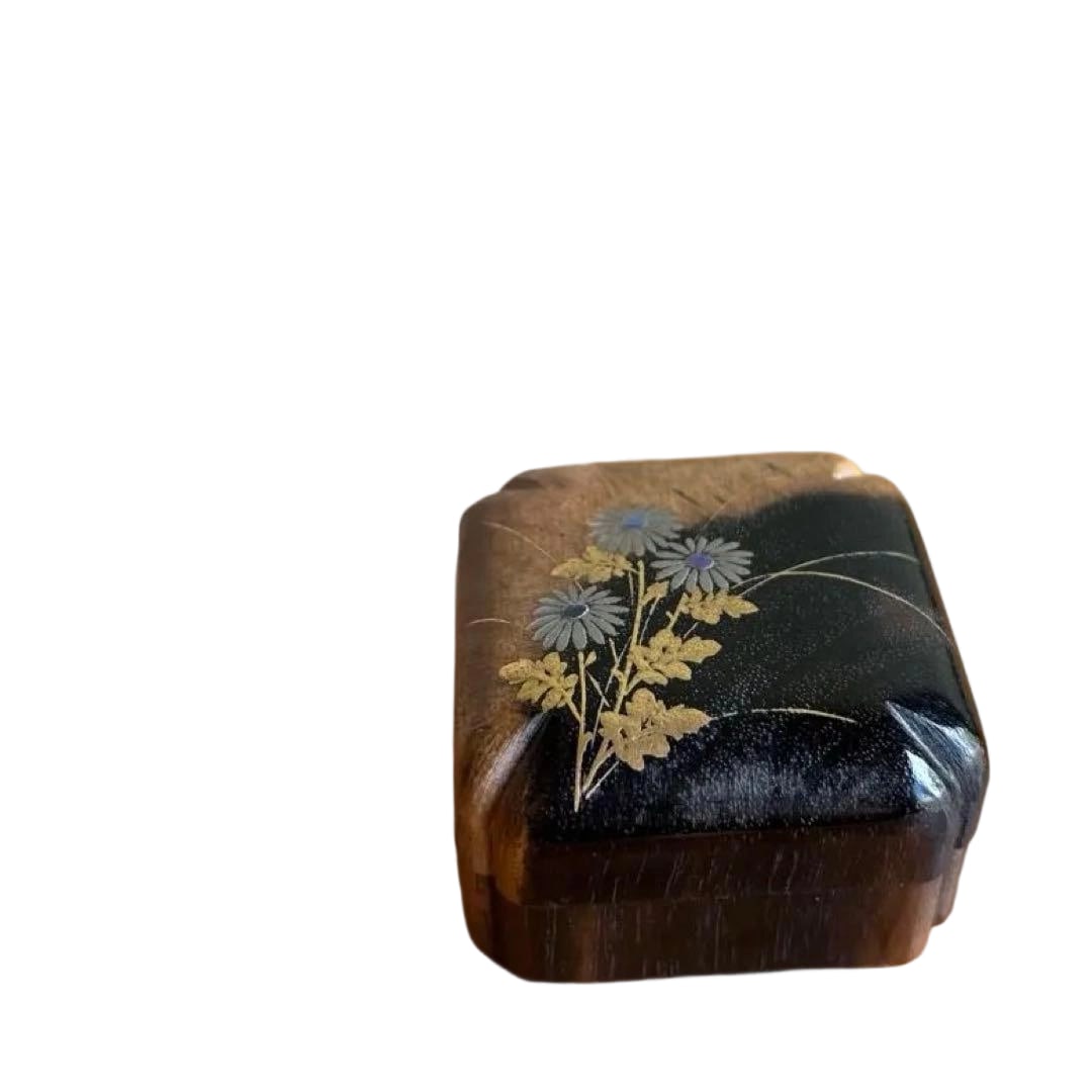 Kurokaki wood incense box, decorated with chrysanthemum lacquer pattern, crafted by Nakamura Soetsu, (1 of 9)