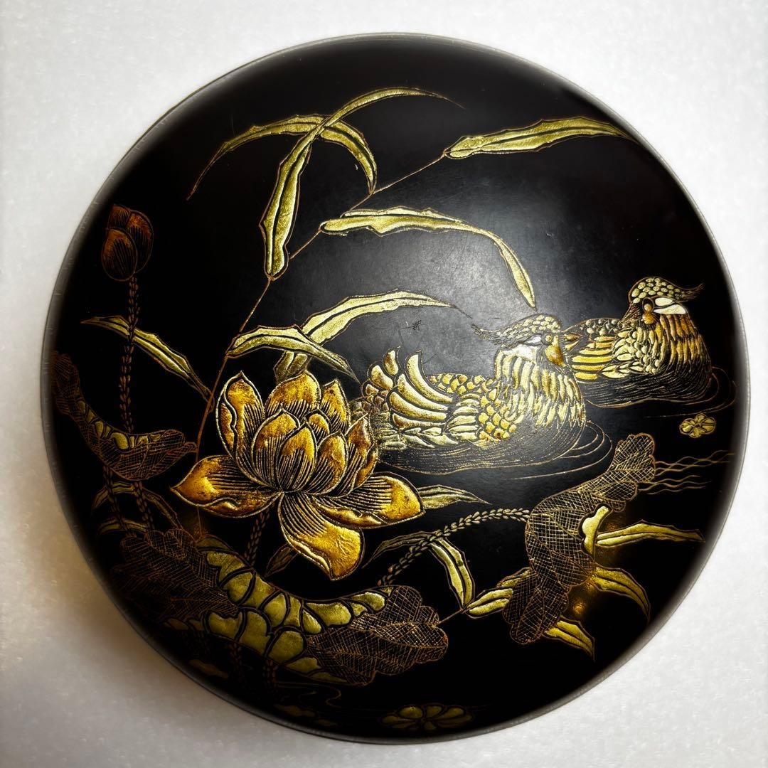 Chinese lacquerware, wooden lacquerware with carved floral lid. (1 of 6)