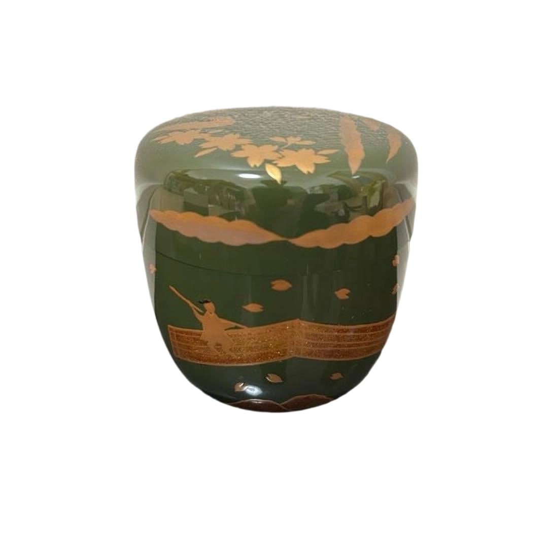Large tea caddy, the body decorated with sakura rafts and figures in lacquer pattern. (1 of 18)