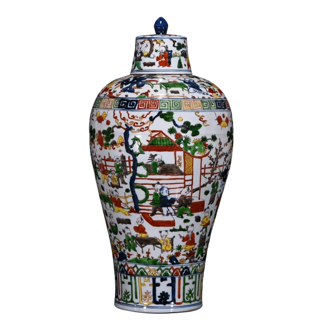 Ming Jiajing Wucai Baby Play Scene Meiping: The Ming Jiajing period Wucai Meiping with baby play scene showcases the brilliance of Ming dynasty ceramics through its exquisite craftsmanship and rich colors. The vase features lively and auspiciou
