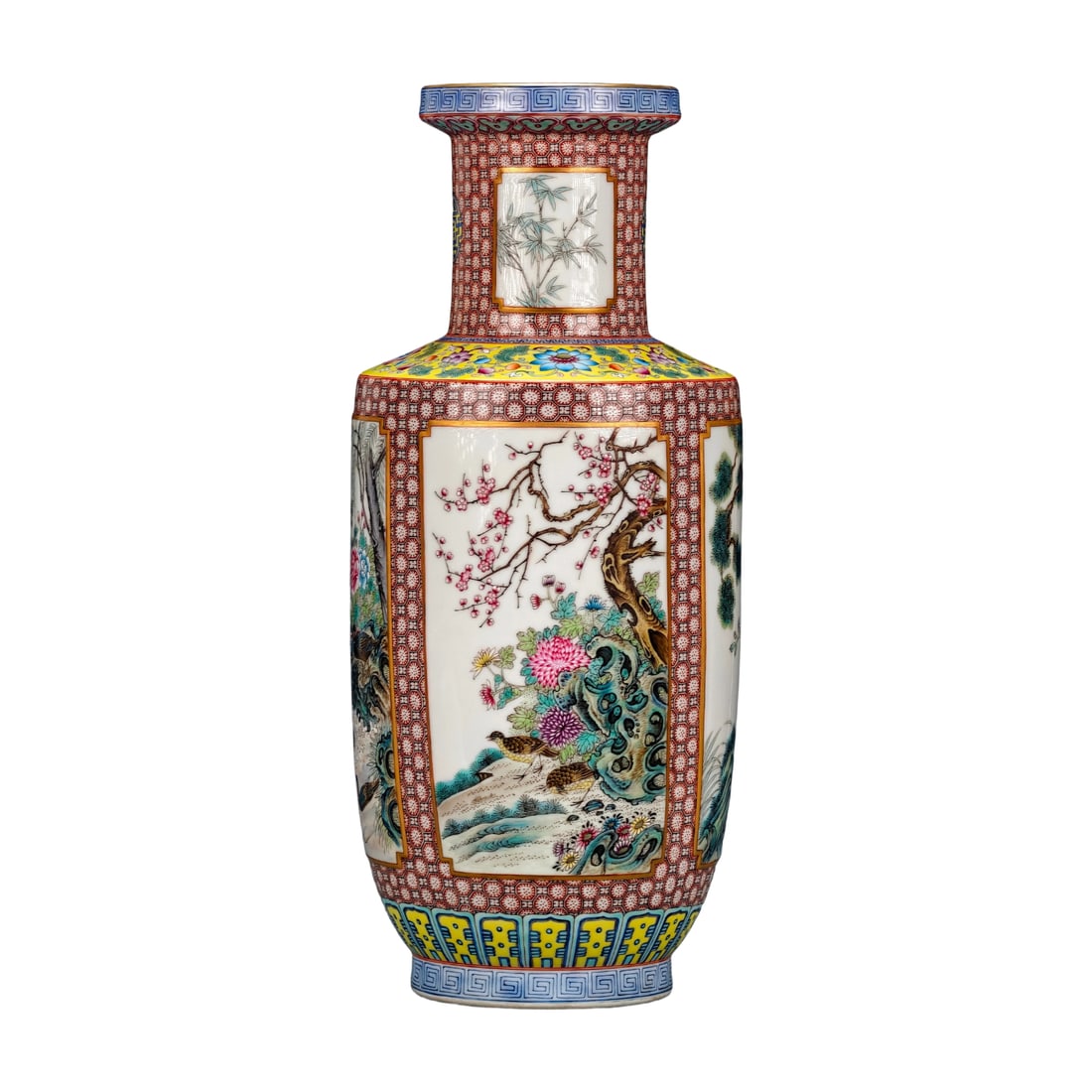 Qing Dynasty Famille Rose Vase with Floral and Bird Motifs: A famille rose vase with a brocade-like ground and four-sided openwork floral and bird design, made during the Qianlong reign of the Qing Dynasty. Height: 46cm, Width: 19.5cm The vase is exquisitely c