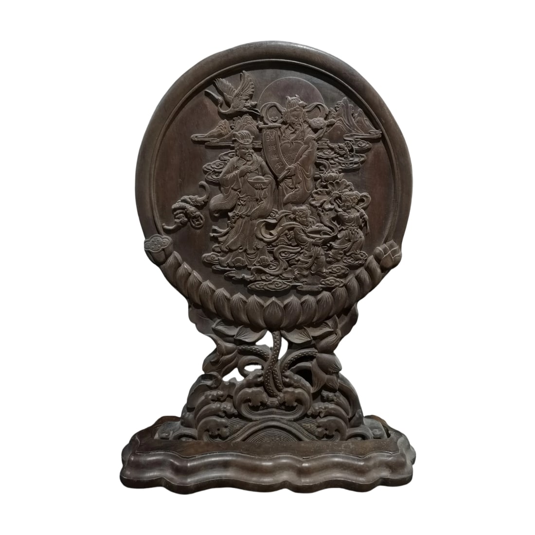 Ebony Carved Screen Ornament: This ebony screen ornament showcases exquisite openwork carving featuring auspicious motifs such as golden boy and jade girl, God of Wealth, Heavenly Official bestowing blessings, cranes, and bats, sy