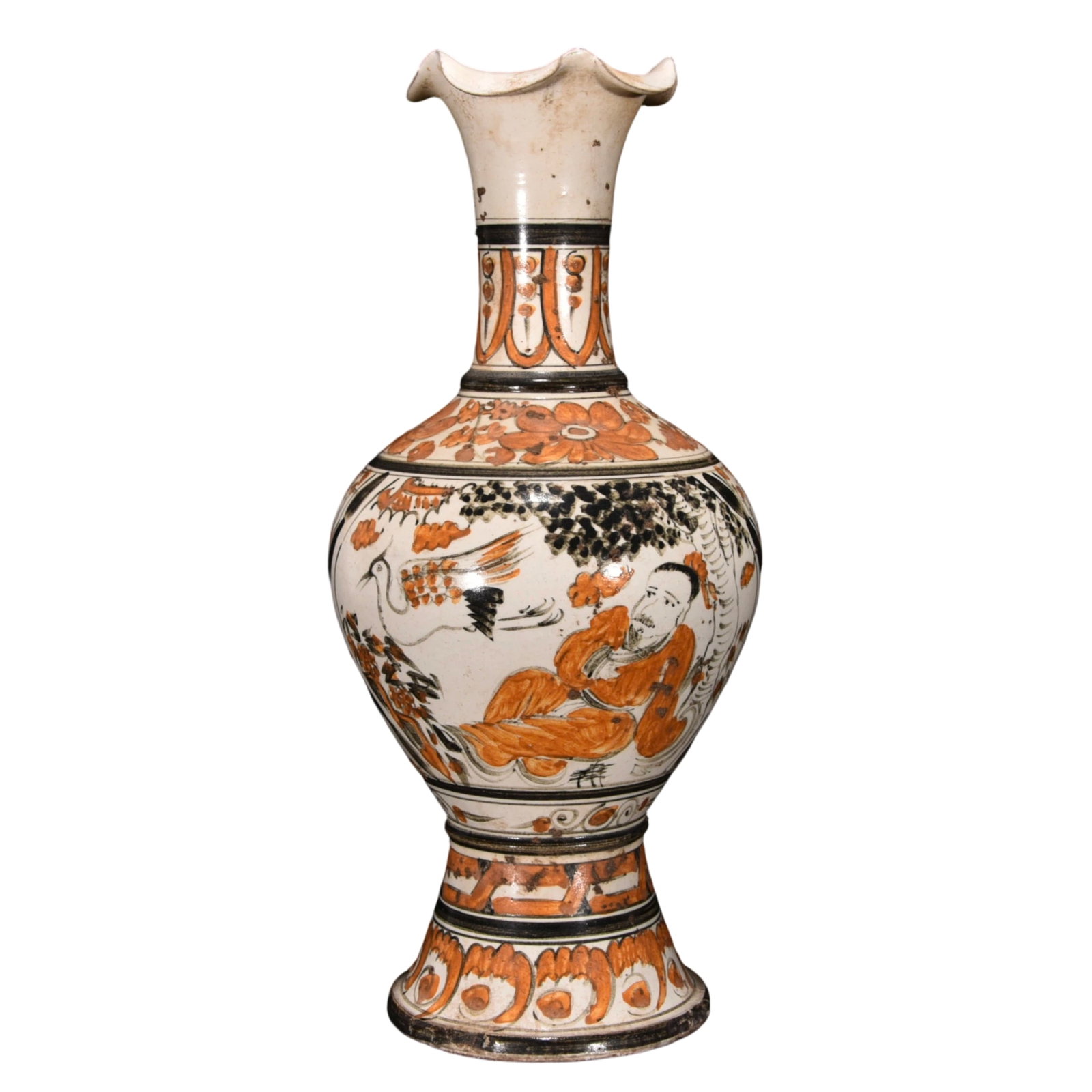 Cizhou Kiln Painted Figure Flower Mouth Vase: This Cizhou kiln painted figure flower mouth vase showcases the ancient craftsmen's superb painting skills and unique artistic style. The vase body depicts figures with flowing lines, vivid and expres