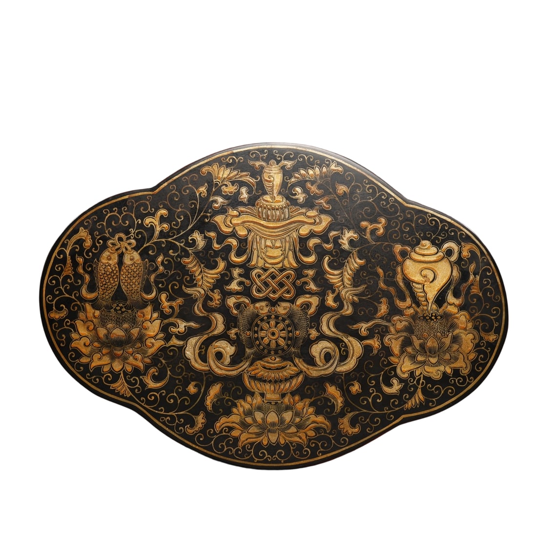Gold-painted Lacquer Jewelry Box: This gold-painted lacquer jewelry box is crafted on a fabric base, featuring painted Buddhist Eight Treasures. The detailed painting and exquisite craftsmanship highlight the superior skills of tradit