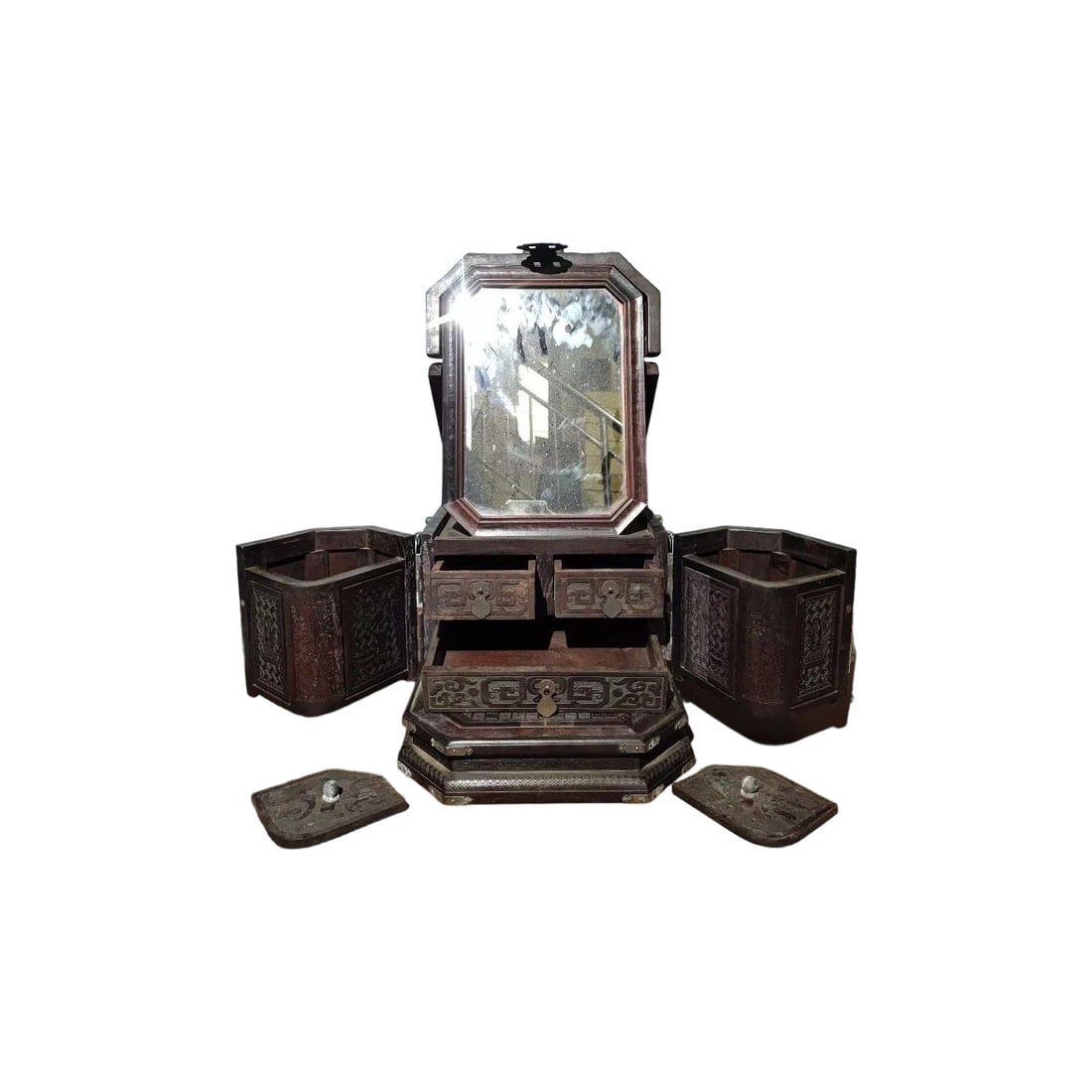 Old Rosewood Jewelry Box with Copper Trim 'Phoenix Facing the Sun' (1 of 9)