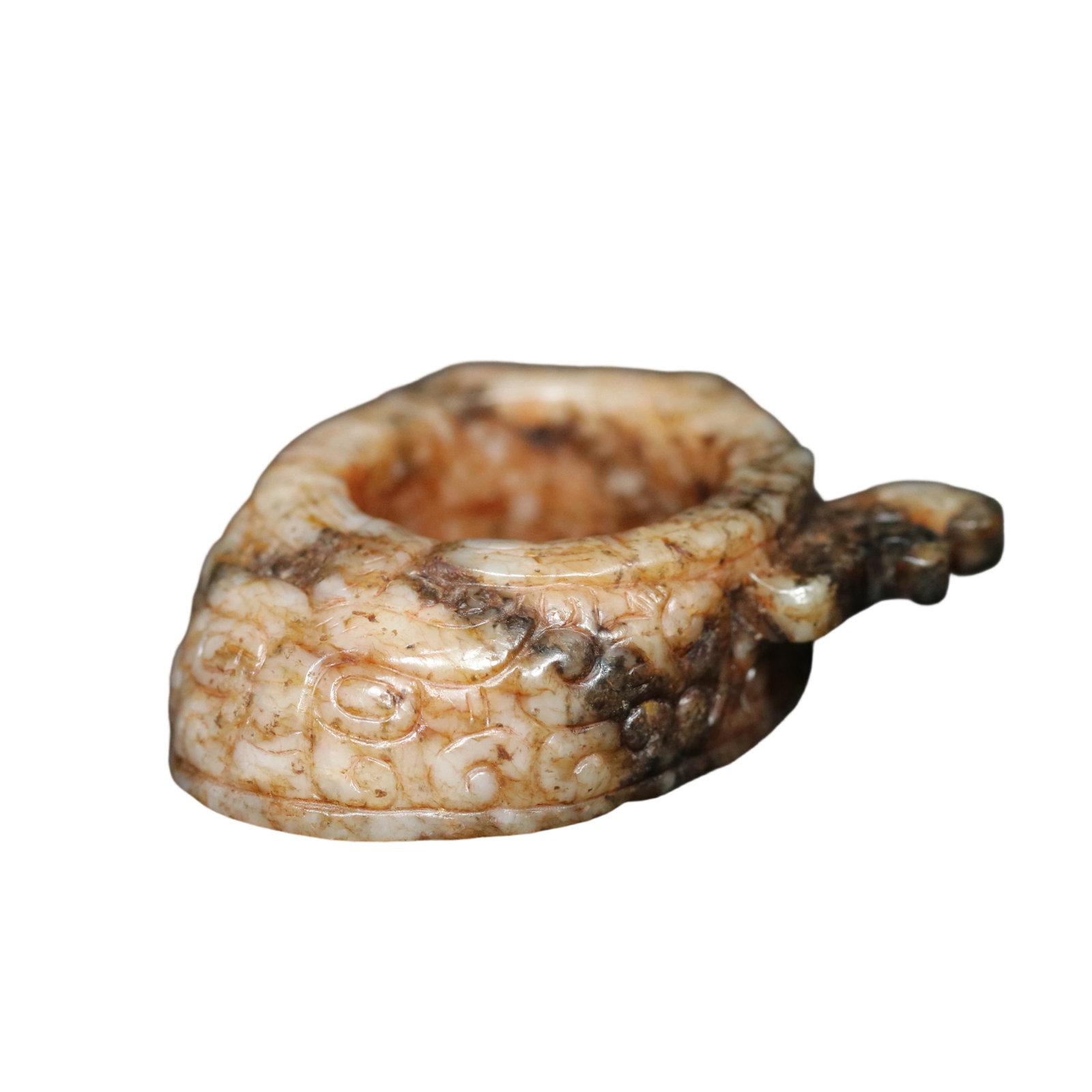 Han Dynasty Hetian Jade Beast Face Dragon Pattern Thumb Ring: This Han Dynasty Hetian jade thumb ring features exquisite craftsmanship and fine jade quality, with an aged patina that reflects the superb skills of ancient artisans. The combination of beast face