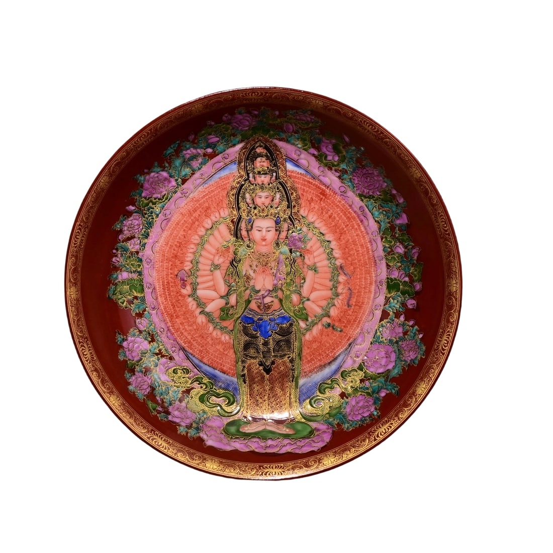 Yongzheng Imperial Enamel Gilded Thousand-Armed Guanyin Plate: Yongzheng Imperial Enamel Gilded Thousand-Armed Guanyin Plate, showcasing the exceptional craftsmanship of the Yongzheng period court. The plate features a vividly colored enamel depiction of the