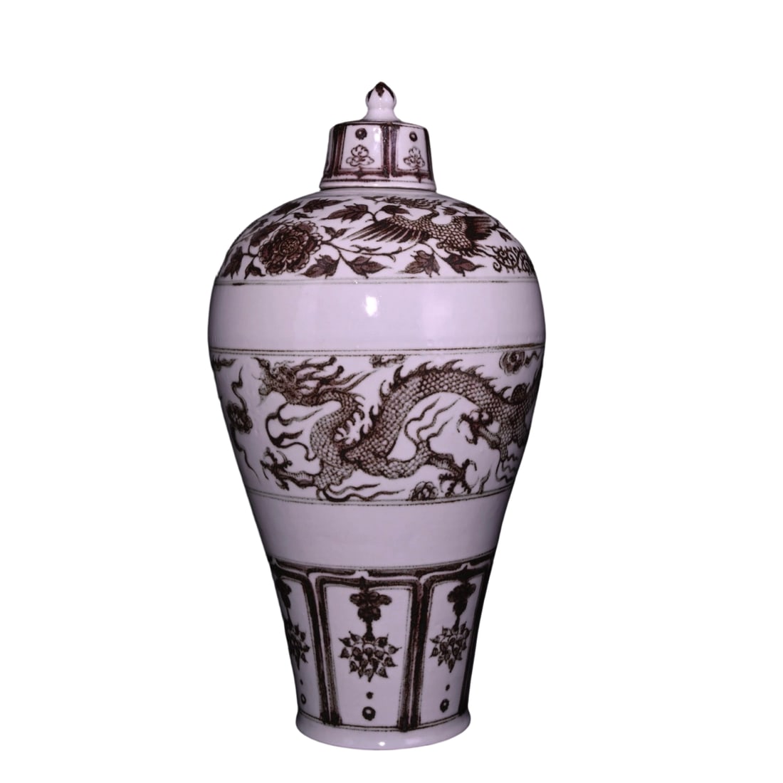 Yuan Dynasty Blue and White with Underglaze Red Dragon and Phoenix Vase: This Yuan Dynasty blue and white with underglaze red dragon and phoenix vase features a dignified shape and lustrous glaze, showcasing the exceptional craftsmanship of Yuan ceramics. The dragon and