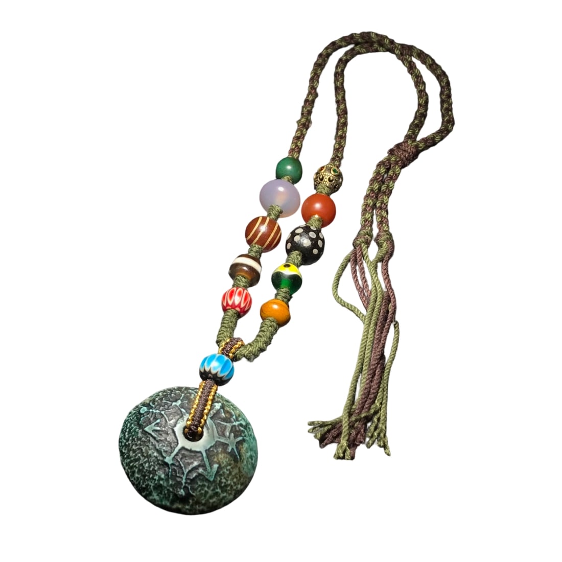 Old Agate Vajra Dzi Bead Necklace: This necklace features antique agate and vajra dzi beads, showcasing a unique and rustic charm. The hand-woven chain is adorned with West Asian dzi beads, antique agate, antique glass, and Tibetan