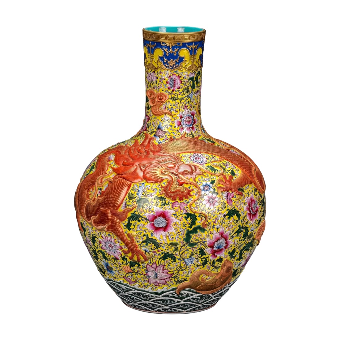 Qianlong Yellow Ground Gilt Enamel Fish Transforming into Dragon Pattern Celestial Sphere Vase: A celestial globe vase with a yellow ground and gilt enamel decoration, high-relief carving of a dragon amidst flowers, dating to the Qianlong period of the Qing Dynasty. Height: 56cm; Width: 38cm.