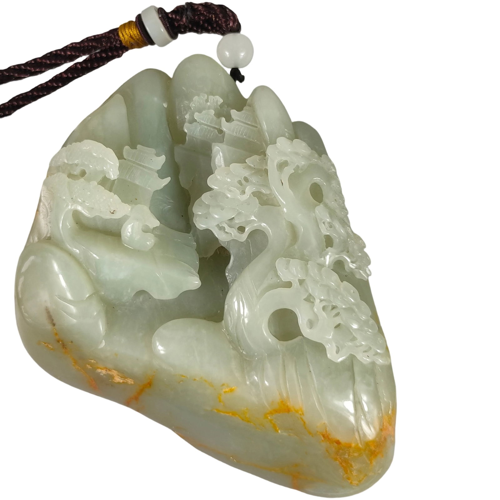 Boxed Hetian Seed Jade Hand Piece with Gold-painted Nanmu: This Hetian seed jade hand piece is elegantly presented in a gold-painted nanmu box. The jade is fine and oily, with a clean base, showcasing exquisite hand-carved craftsmanship.The embroidered box