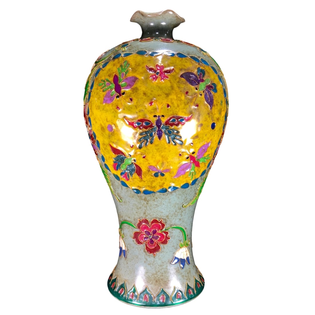 Song Dynasty Ru Kiln Cloisonne Enamel Flower Mouth Vase: This Song Dynasty Ru Kiln cloisonne enamel flower mouth vase exudes an ancient and elegant style. The natural patina of the vase body and the warm color are complemented by exquisite cloisonne enamel