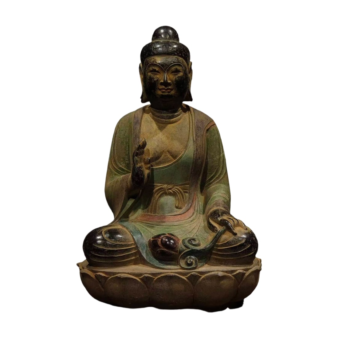 Painted Stone Seated Buddha: This painted stone seated Buddha showcases the exquisite carving skills of ancient craftsmen. The serene expression and well-preserved paintwork, with vibrant colors, hold significant artistic and