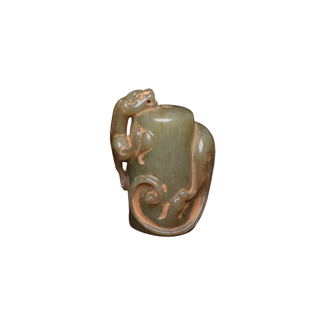 Hetian Jade Dragon Pendant: The jade is warm and delicate, with natural coloration and skilled carving. The patina is excellent, and the carving is vivid with smooth lines, in perfect condition. (4.7x3.6x2.7 cm, 55g)