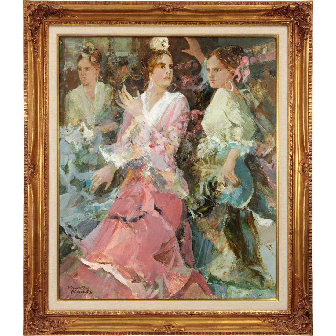 Kano Mamoru, "Dance of Seville," oil painting.: Women from Seville, a Spanish city renowned for flamenco. The female dancers depicted in the painting, dressed in flamenco dresses, seem poised to dance, exuding an astonishing sense of movement. Tech