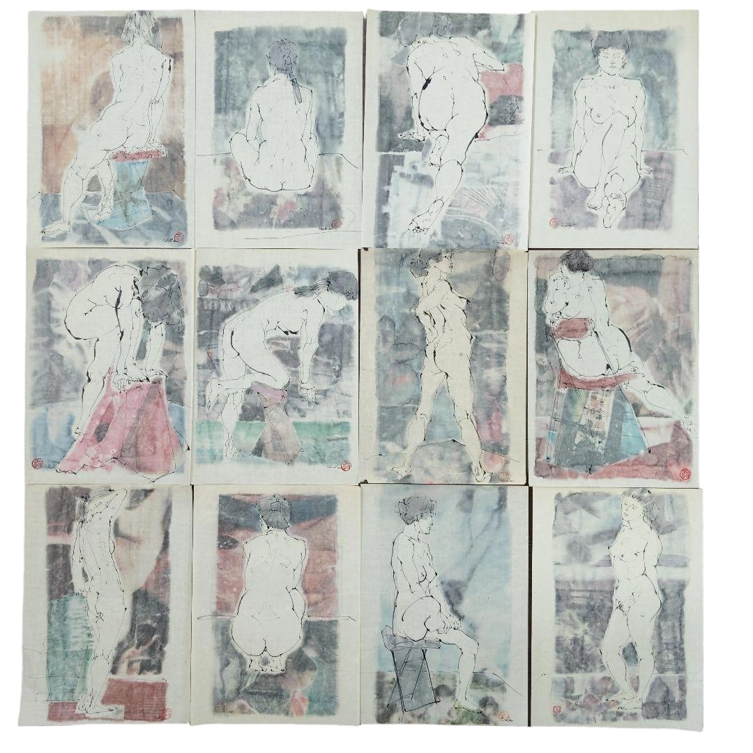 Goosho Ito Set of 40 Paintings of Nude Women "Selected 40 Poses of Nude Women" Ink and Color: Through solid sketching skills, unique colors, and bold brushstrokes, the depiction of groups of nude women not only showcases a strong sense of vitality and alluring eroticism but also reveals a stea