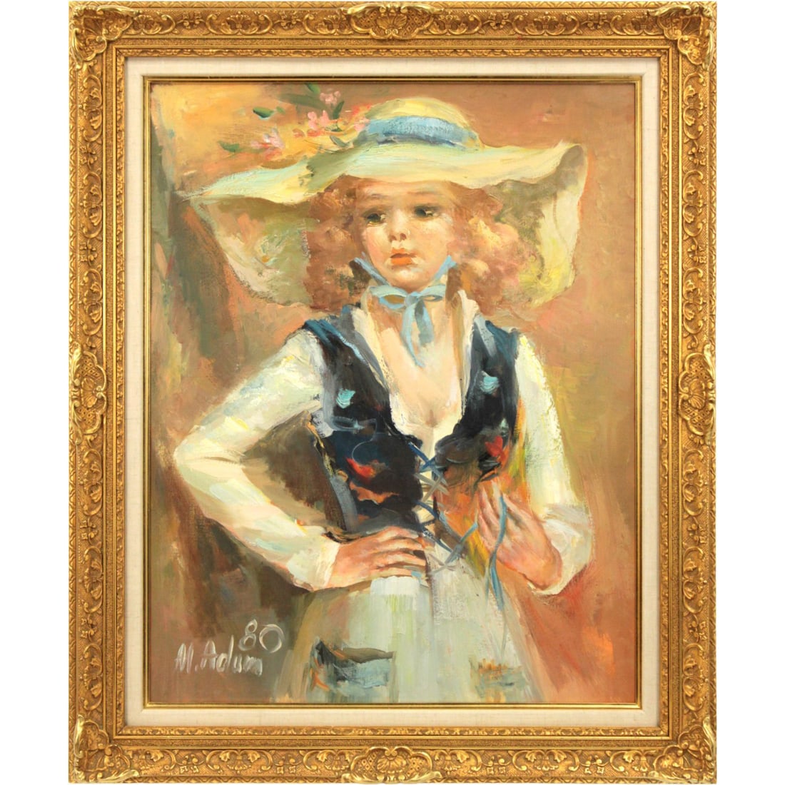 Marian Adamczyk, "Girl in a Vest," oil painting.: A young girl wearing a large hat decorated with flowers and ribbons, and a vest Technique: Oil painting Artwork size: Size 20 (modified) Painting dimensions: Height 70 x Width 56 cm Frame dimensions: 