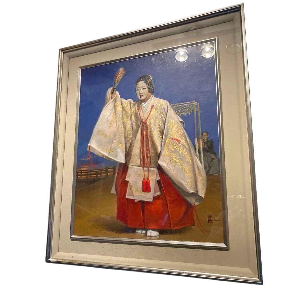 Nihonga (Japanese Painting) Traditional Japanese Attire Oil Painting Noh Theatre No Hideki: Oil painting of a woman wearing traditional Japanese attire, with a beautiful contrast of blue and red. A Japanese painting for the Noh stage. Acquired by the consignor 30 years ago. Technique: Oil pa