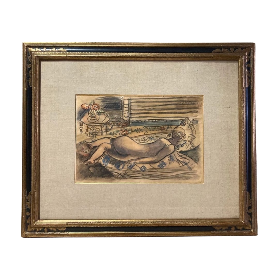 Koide Narashige (Koide Narashige) "Yoko-gata Rajo" (Reclining Nude) Watercolor Work, Hand-Signed,: Artwork dimensions: 22.5 x 32.5 cm. Frame dimensions: 47.5 x 57.5 cm. Pastel and color on paper. The upper right corner of the artwork bears a handwritten signature and seal. The artwork exhibits fadi