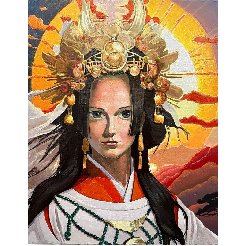 Portrait of Amaterasu Omikami (Oil Painting, F10 size, 530x455mm) Unframed: Amaterasu-omikami is the highest deity appearing in the myths recorded in the "Nihon Shoki" and "Kojiki." Her image is considered that of a sun goddess, an ancestor of the imperial family, and a deity