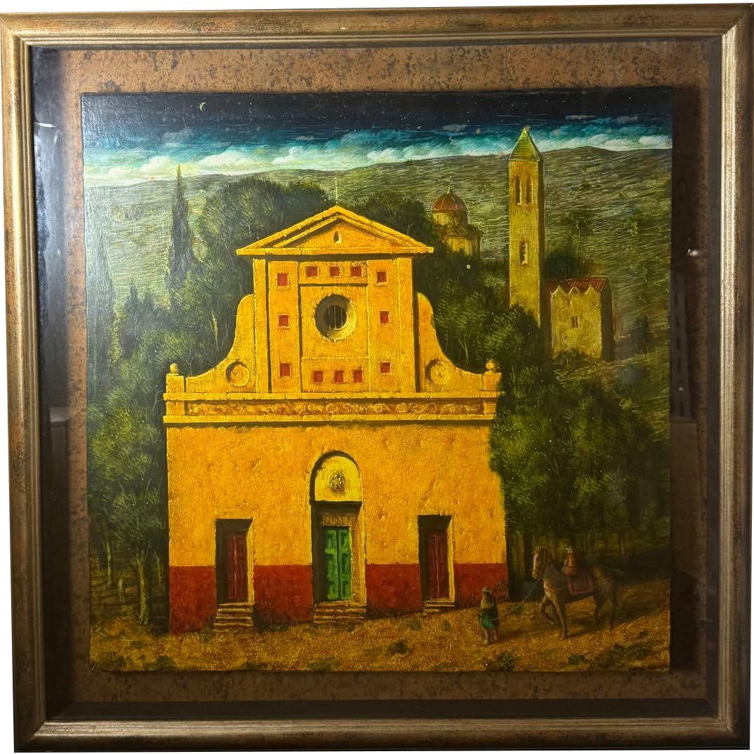 Koizumi Masakazu [Junrei no No] Original Oil Painting with Handwritten Seal: Koishima Seiichi, "Junrei no No" (Pilgrimage Field), Oil Painting on Canvas with Artist's Seal A stone church in ochre color stands quietly under the deep blue night sky. The green door, reddish-brown