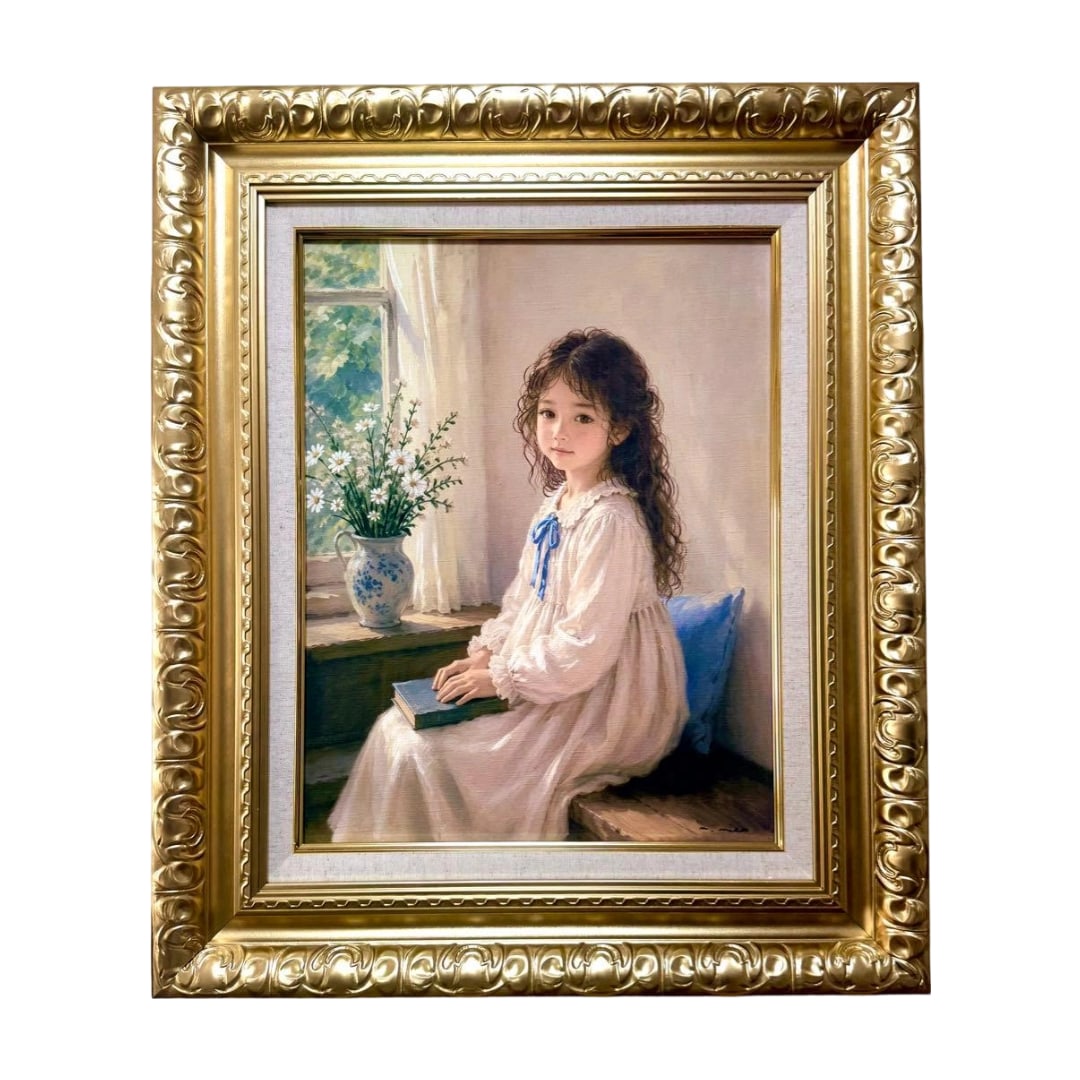 (M6 size) Matsunaga Misa [Shoji no Shojo] Signed on the front / Labeled on the back / Original work: This piece was purchased directly from the artist's personal exhibition during the consignor's business trip to Singapore. The artwork realistically depicts a young girl with warm brushstrokes. Surrou