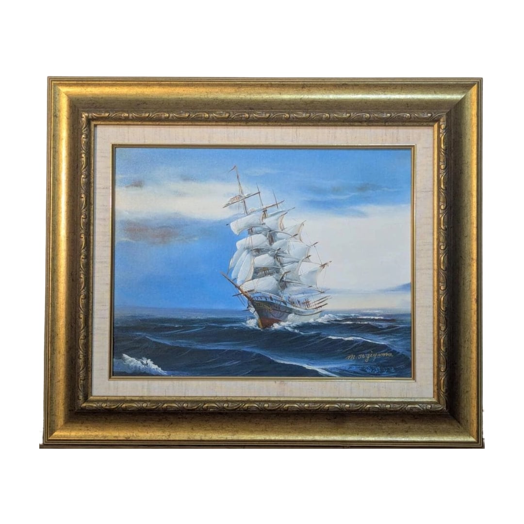 Painting by Sugiyama Minoru, Oil Painting No. 6, "Sailing Ship on the Vast Sea," Seascape, Member of: Sugiyama Minoru Born in Showa 2 (1927) Originating from Kumamoto Prefecture Exhibited in Prefectural Exhibitions Held Solo Exhibitions Member of the Toga-kai Frame dimensions approximately 59x50 cm Ar