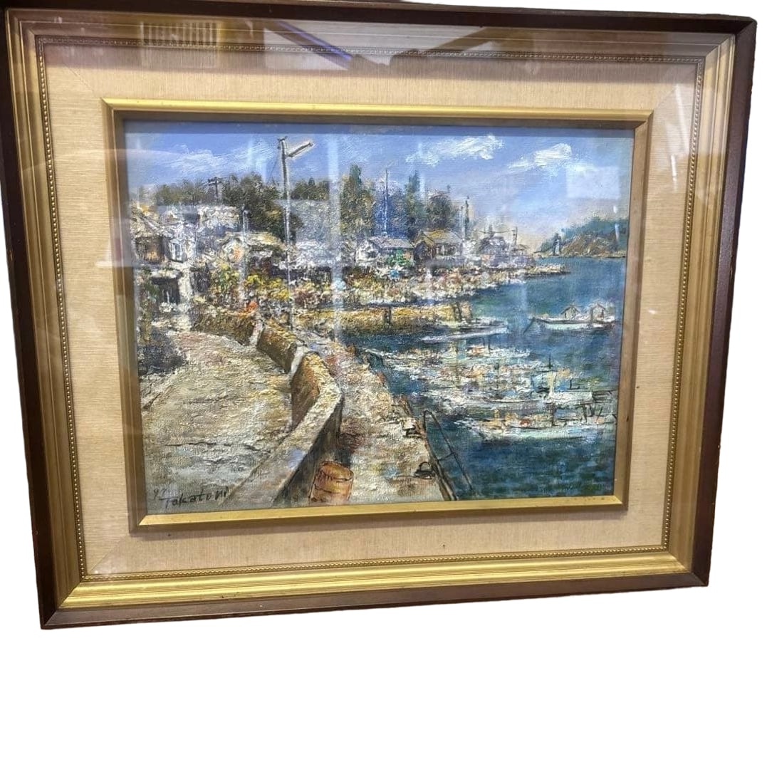 Oil Painting, Landscape, Size F6, Takatori, Created in 1997, Signed, With Mounting: This is a landscape oil painting signed by "Takatori" and created in 1997. The artwork is rendered with thick, hand-painted brushstrokes, delicately and powerfully depicting nostalgic street scenes an