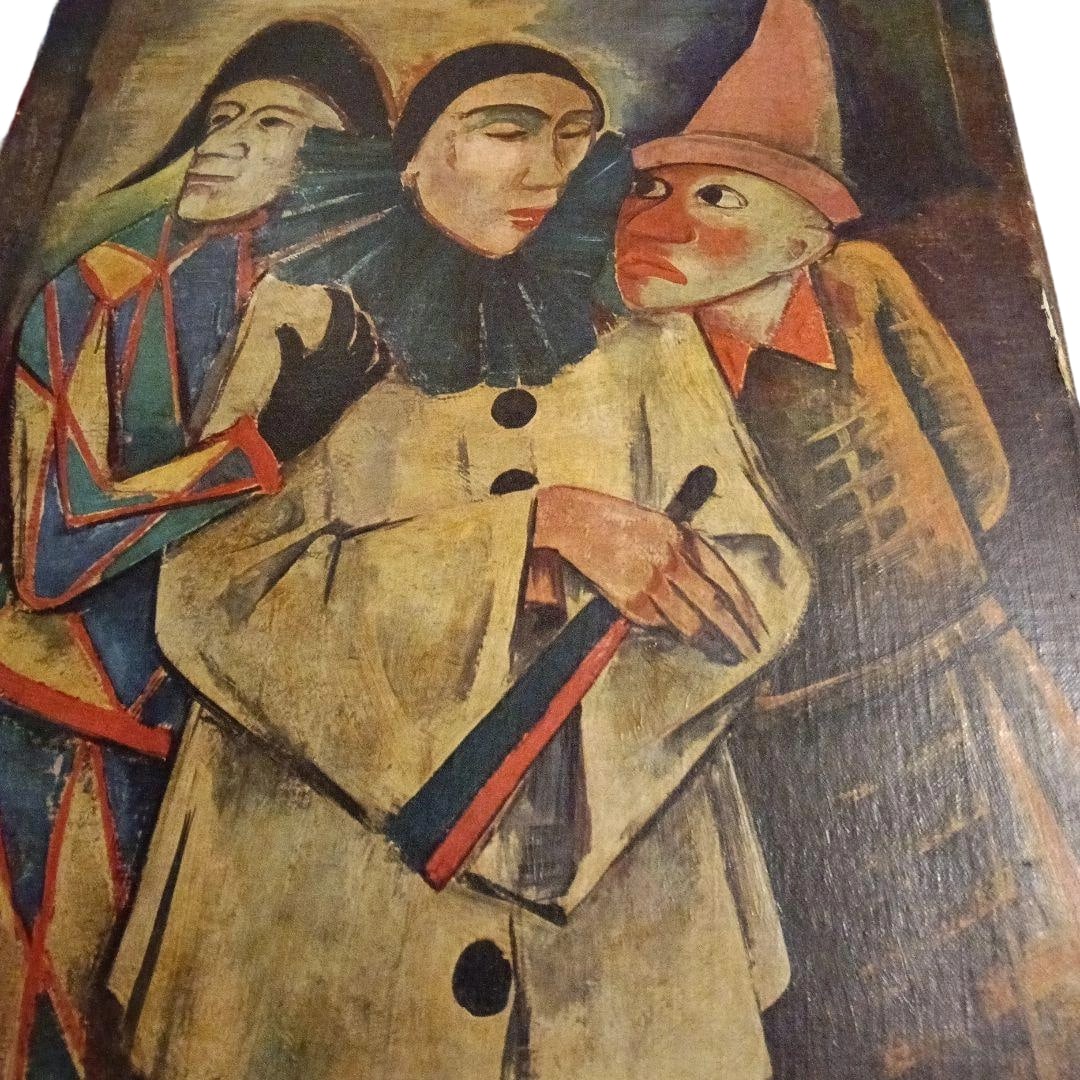 "Three Clowns" Oil Painting: A work that remains endlessly captivating. At first glance, it seems to evoke the style of Picasso. Unframed, the dimensions are approximately 49 cm in height and 39 cm in width.