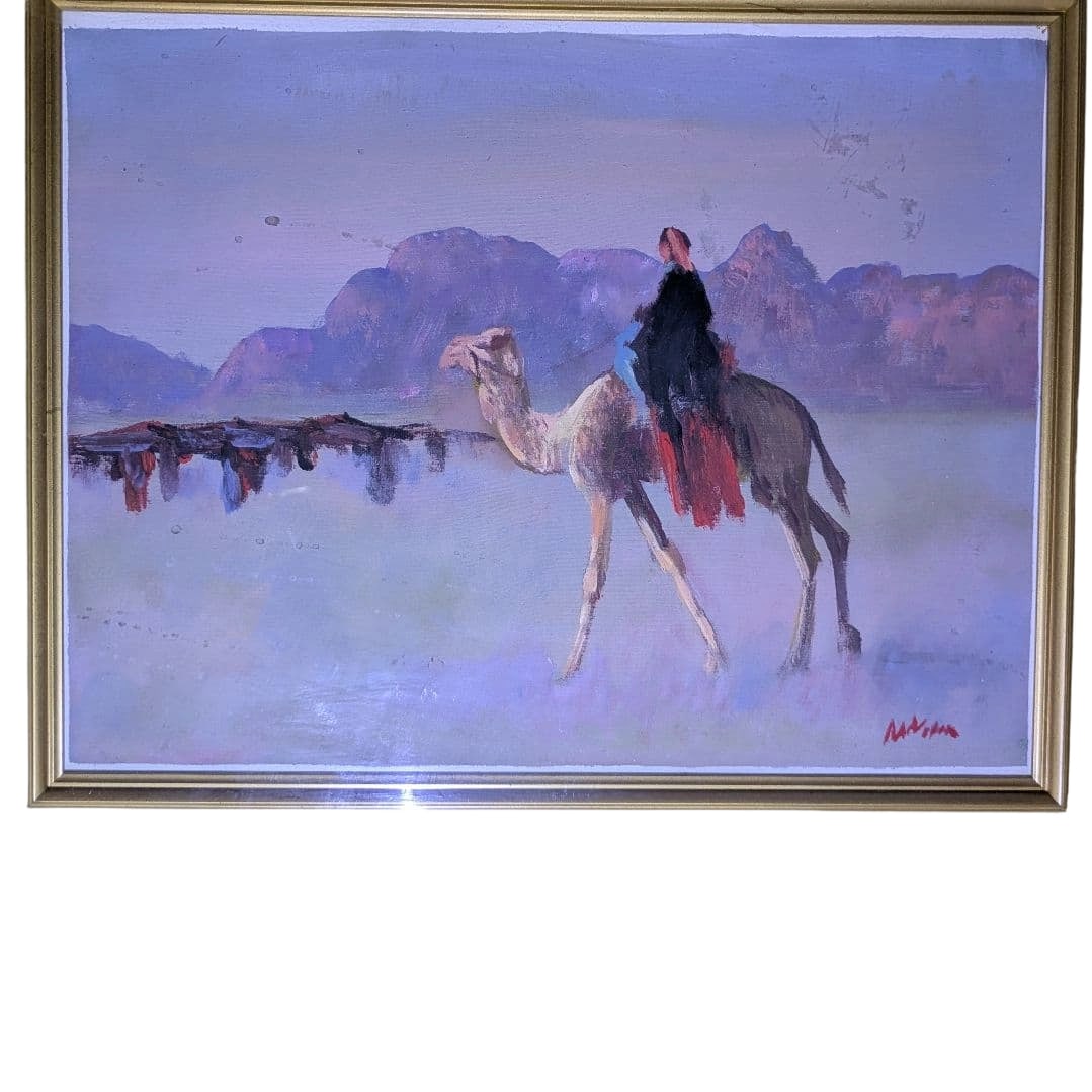 Kimura Kunjo "Aki no Umi" (The Sea of Autumn) Oil Painting Camel 1977 Framed Artwork: The oil painting "Autumn Sea" created by Kimura Noritake in 1977. The painting depicts a figure riding a camel against a backdrop of tranquil mountains, exuding an exotic atmosphere. The work features