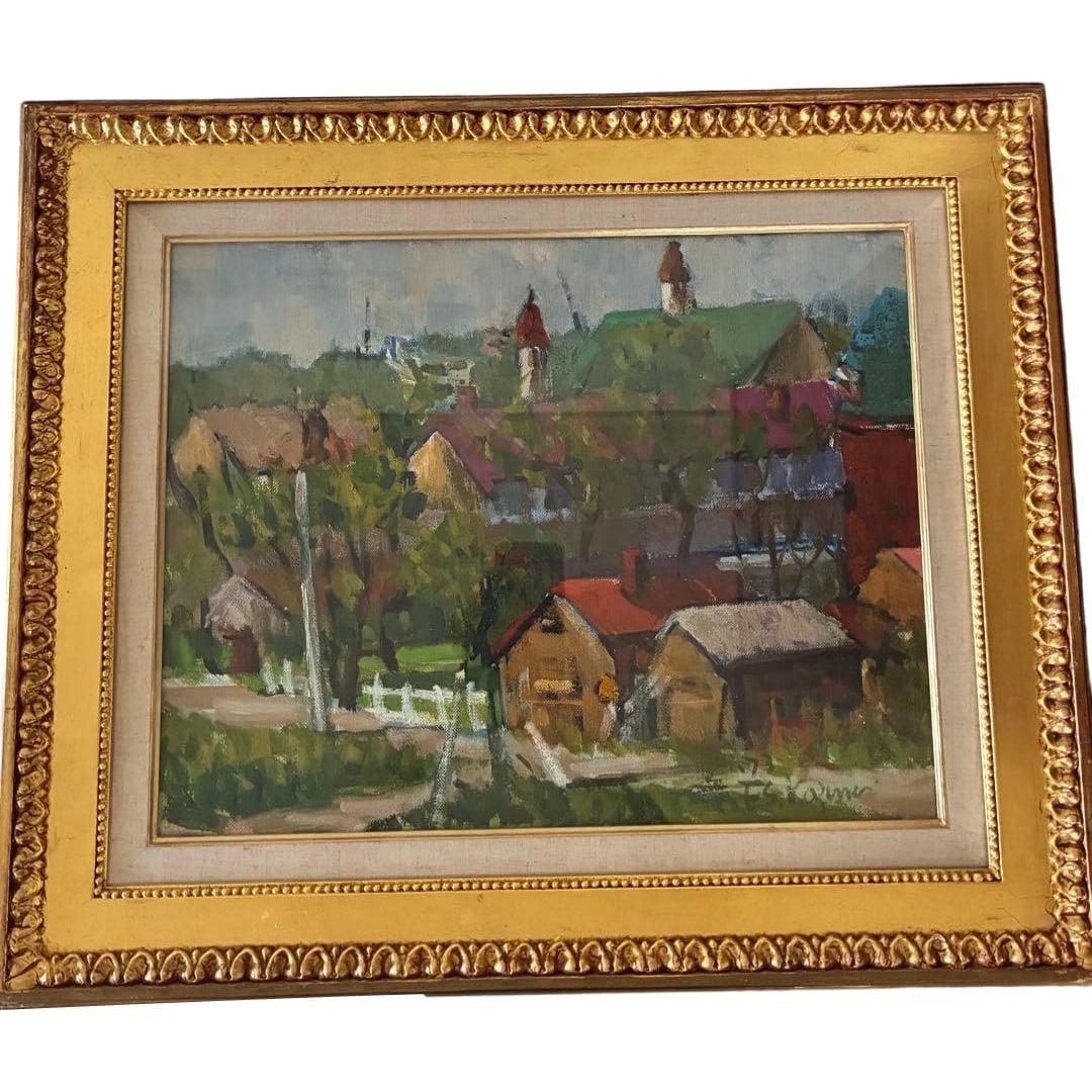 Oil painting, landscape painting, framed, "Hakodate Landscape" by Nakamura Zensaku.: This is an emotionally rich street scene landscape oil painting depicted in subdued tones, with the theme of Hakodate scenery. Technique: Oil painting Frame: Gilded decorative frame Theme: Street scen