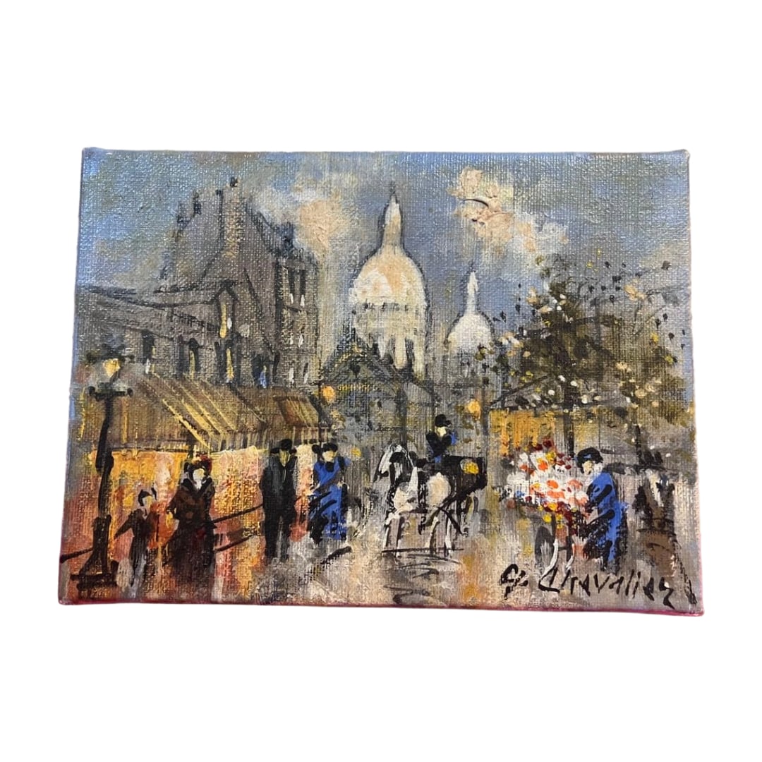 Oil Painting by G. Chavallier, Montmartre Street Scene: This oil painting depicts a street scene in Paris, specifically the famous Place du Tertre in Montmartre. The artwork bears the signature of G. Chavallier. Dimensions: 18x13 cm This piece is by the Fr
