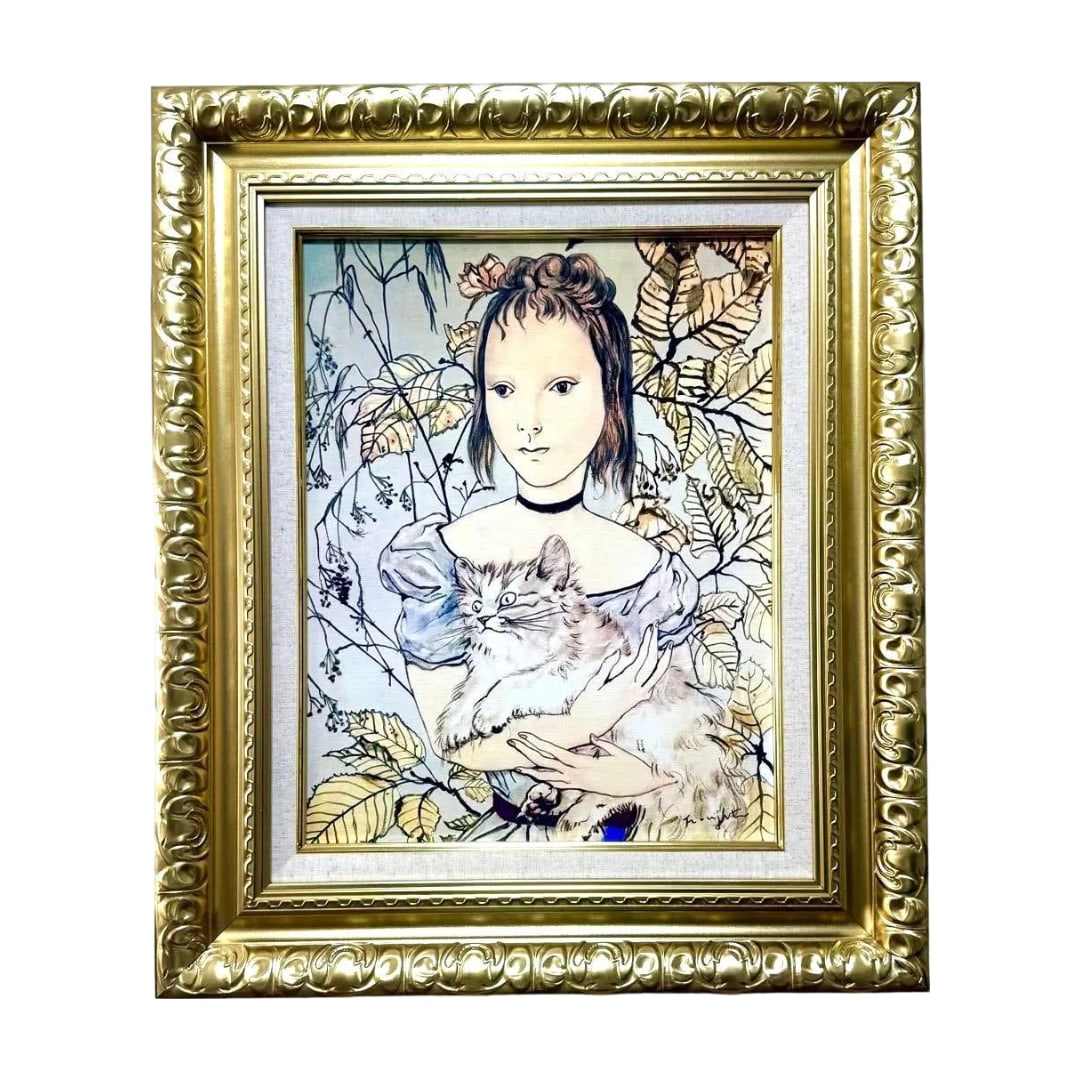 (F6 size) Fujita Tsuguharu [Girl Holding a Cat] Hand-painted/Oil on canvas/Signature on both: This is a hand-painted oil painting. According to the consignor, this is an ancient hand-painted work from over 30 years ago. To ensure you can enjoy displaying this piece for decades to come, a brand