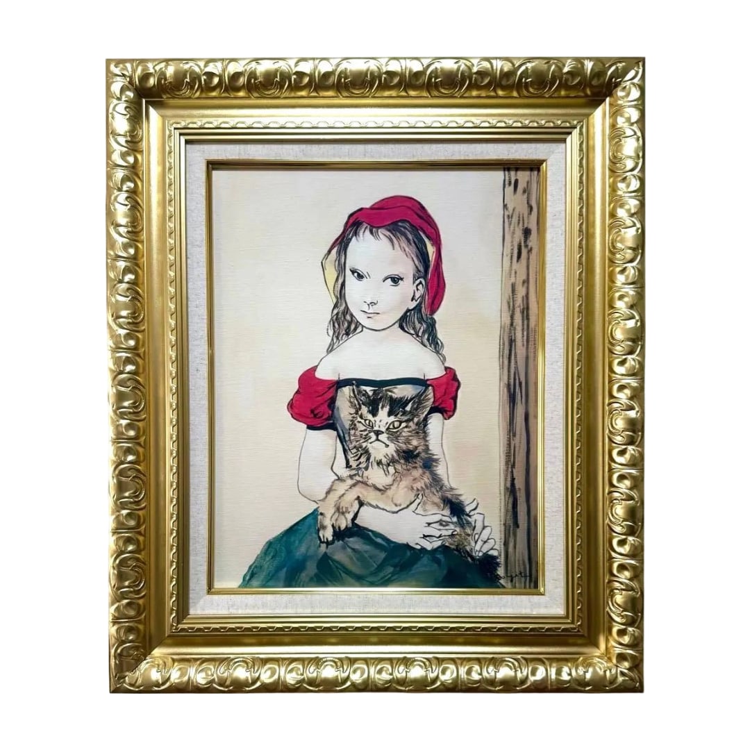 (F6 size) Fujita Tsuguharu [Girl Holding a Cat] Hand-painted/Oil on canvas/Signature on both: This is a hand-painted oil painting. According to the consignor, this is an ancient hand-painted work over 30 years old. To ensure you can enjoy displaying this piece for decades to come, a brand-new 