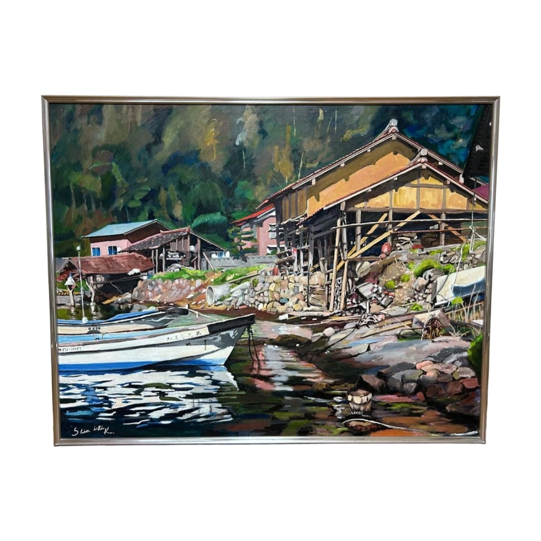 Original oil painting, hand-painted landscape painting "Funaya to Gyosen" (Boat Houses and Fishing: This is an authentic oil painting that captures the scene of a Japanese fishing port with vibrant colors and brushstrokes, mounted in a substantial frame. Suitable as interior decoration for a hall, l