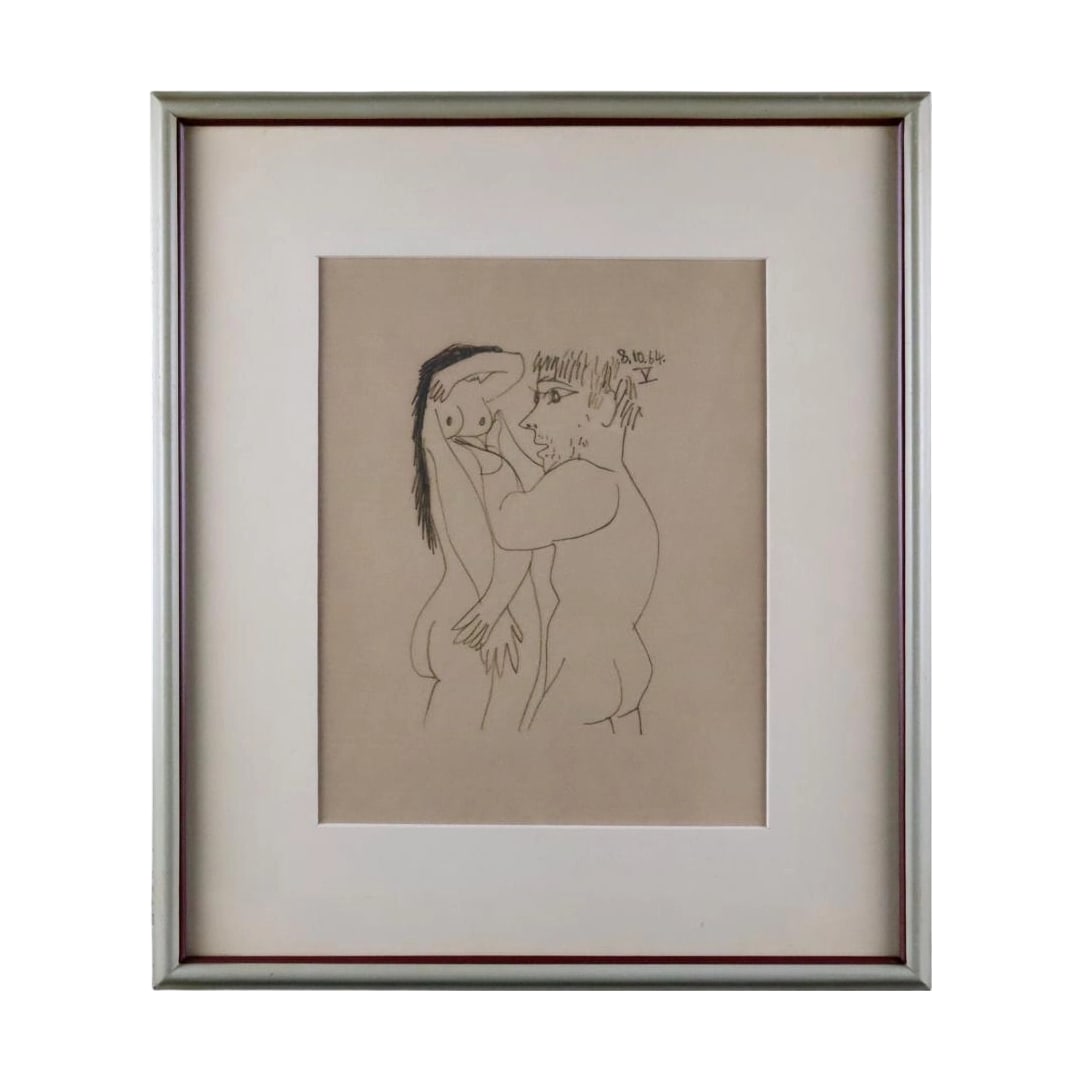 Pablo Picasso, "Nude Man and Woman, Caress 8.10.64.V" lithograph: Frame: Horizontal: 38cm, Vertical: 44cm Painting: Horizontal: 22cm, Vertical: 28cm The frame has wear and scratches.