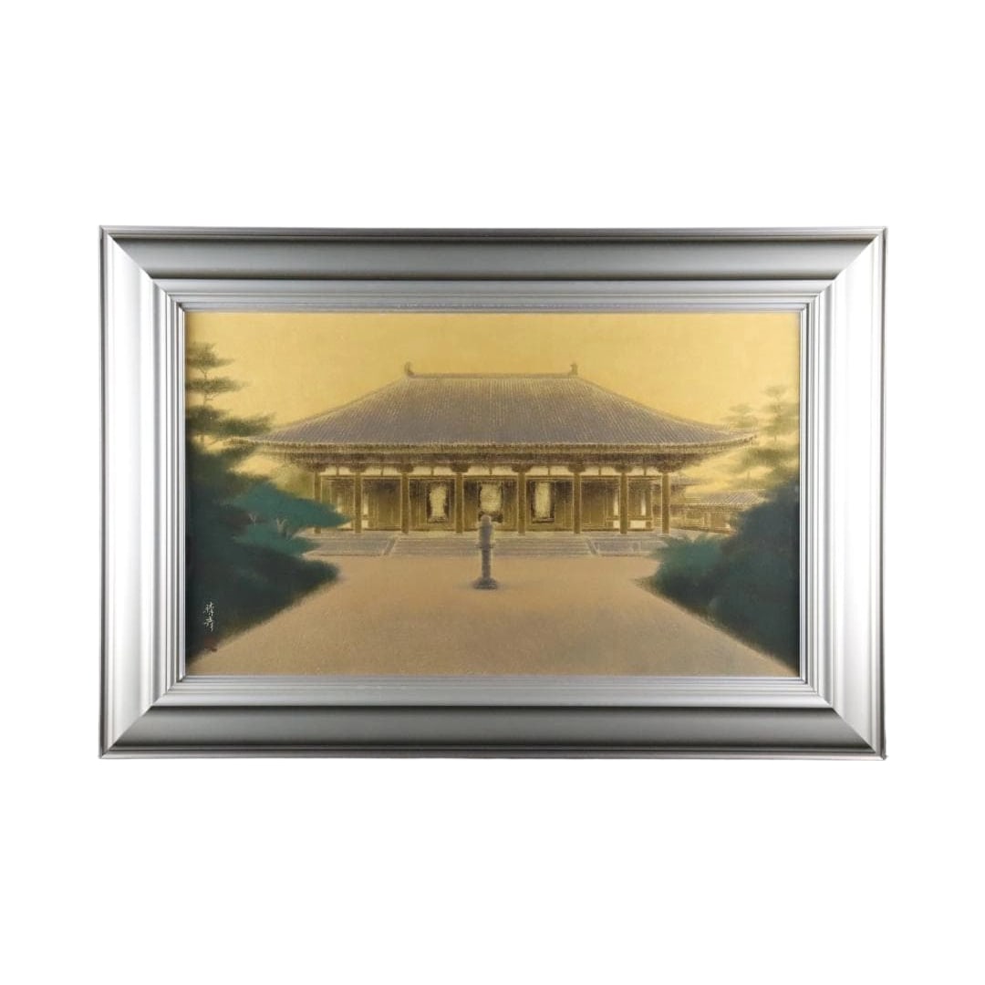 Murata Haruhiko, "Tenpyo Jodo Tosho Kondo" Nihonga Size 20, Accompanied by a Shared Label: Frame: Width: 92cm, Height: 62.5cm Artwork: Width: 72cm, Height: 42cm The frame has scuffs and scratches.
