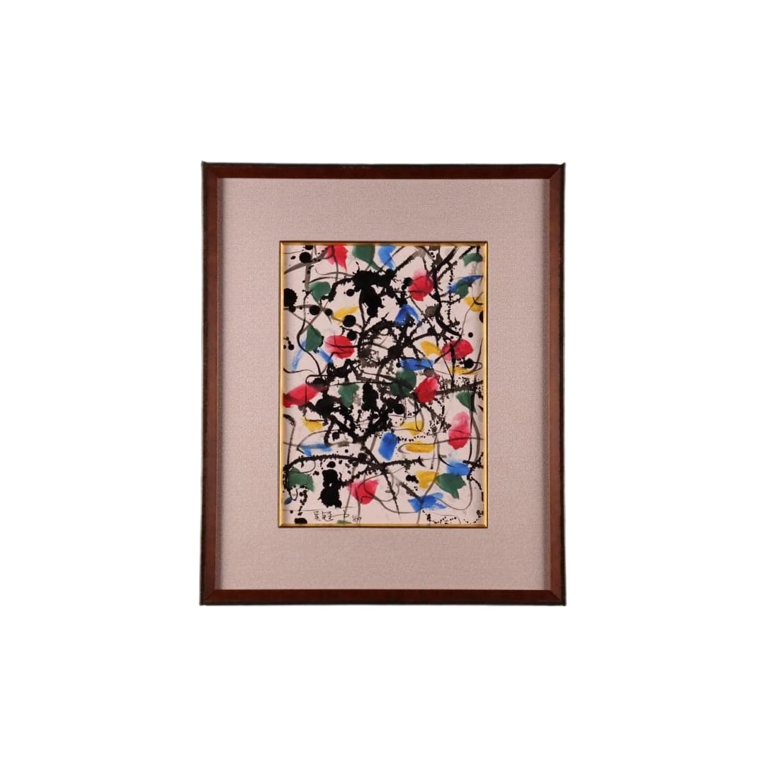 Chinese Modern Painter Wu Guanzhong, Abstract Painting, Hand-painted, Size 4, 1989.: Frame: Width: 42cm, Height: 51cm Painting: Width: 23cm, Height: 32cm The frame has scuffs and scratches.