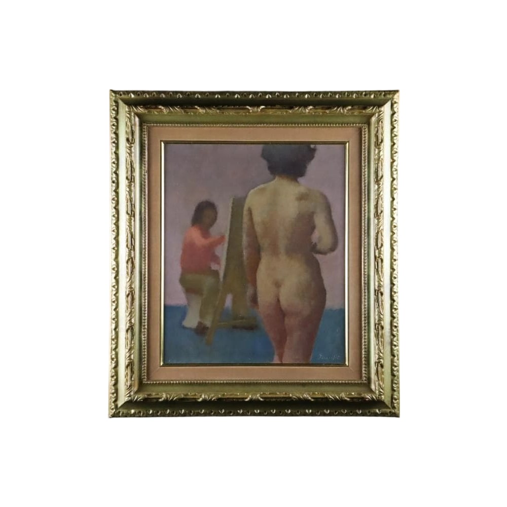 Authenticity Guaranteed: Terai Rikizaburo "The Painter and the Model" Oil Painting No. 8 Exhibition: Frame dimensions: Horizontal 59 cm, Vertical 66.5 cm Artwork dimensions: Horizontal 37 cm, Vertical 44.5 cm The frame has scuffs and scratches.