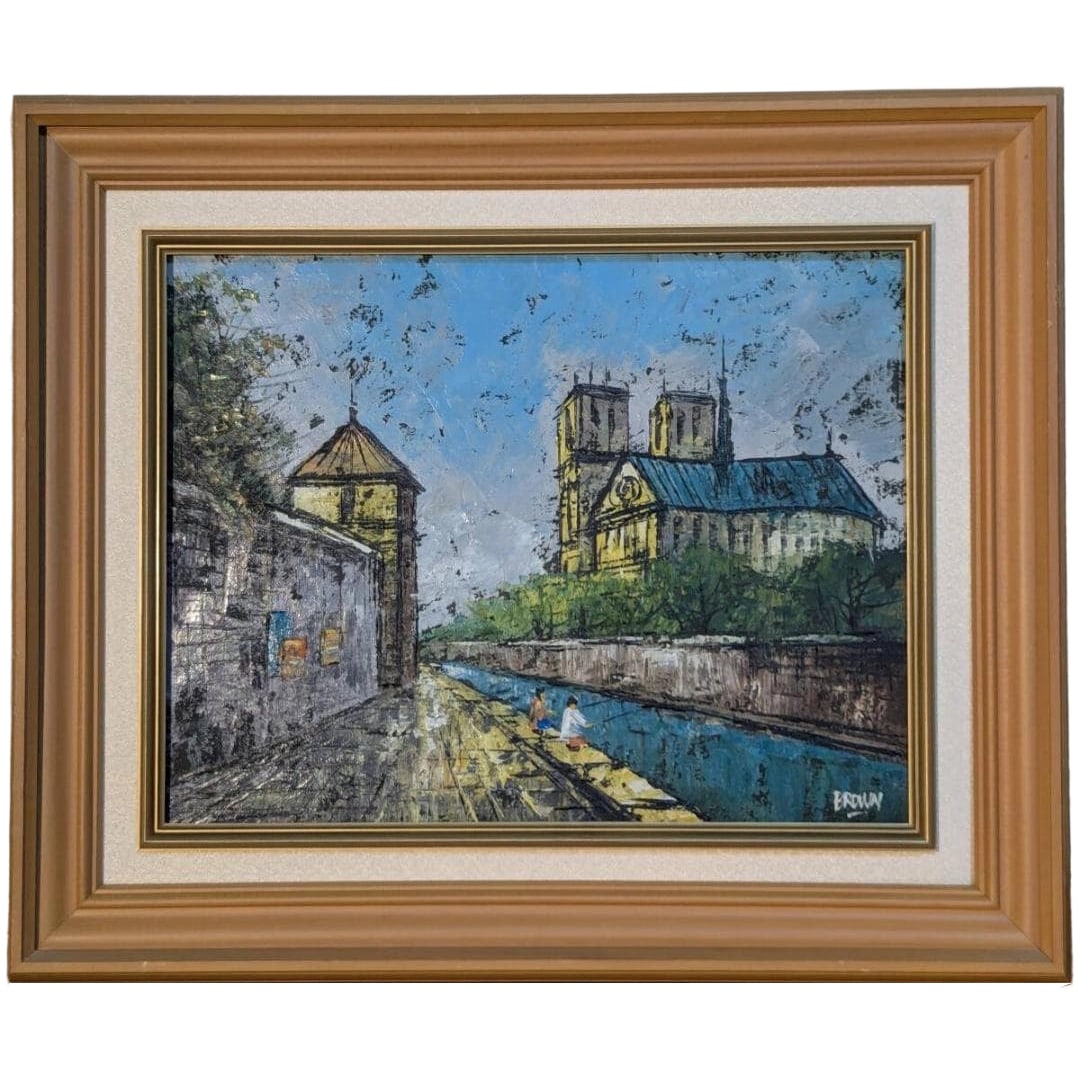 [Authentic Work] Painting, Oil on Canvas, Size 6 - "Church Along the Canal: Exotic Street Scene": Frame dimensions approximately 58 x 48 cm Artwork dimensions approximately 40 x 31 cm Accompanied by a glass panel. The frame has damage.