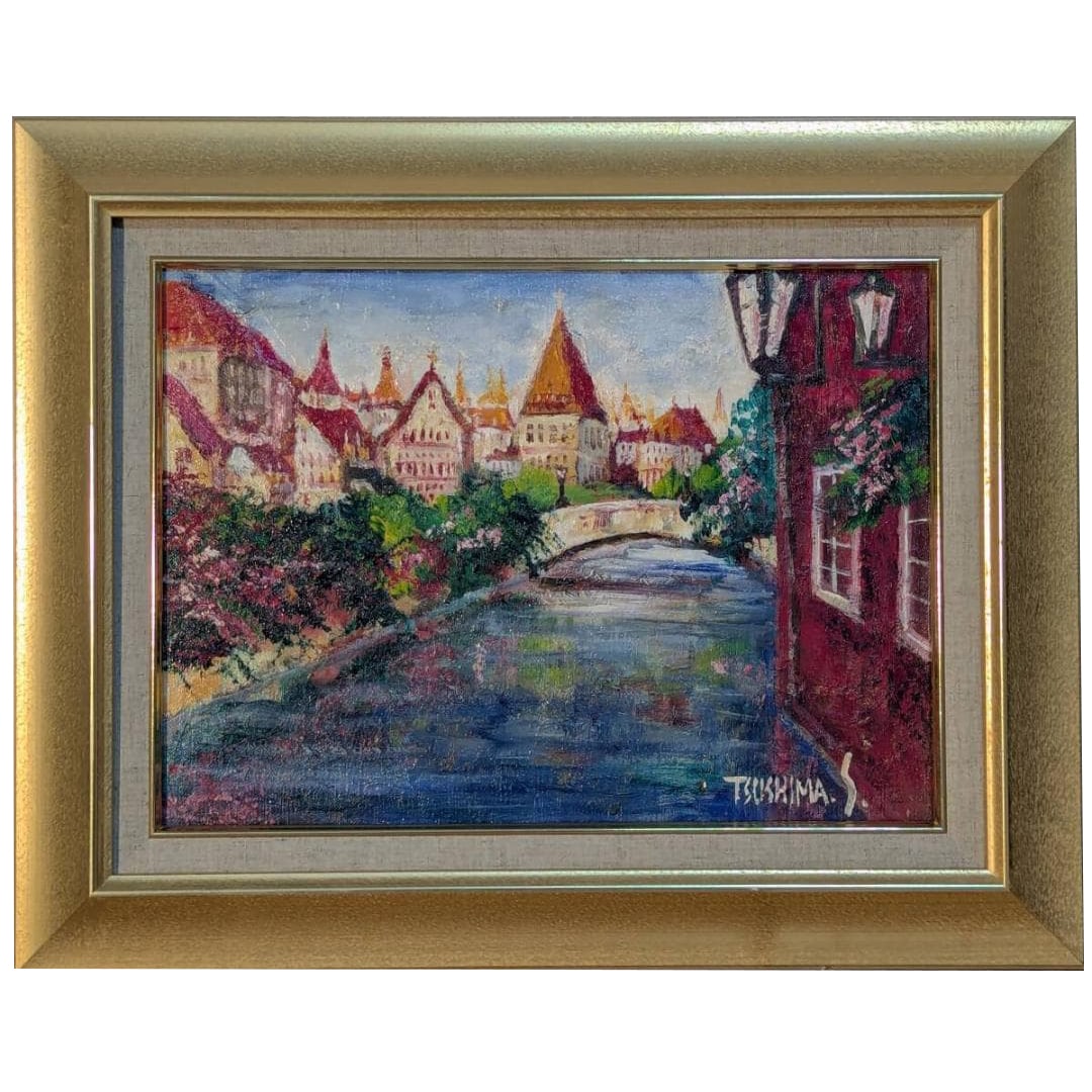 Painting by Tsushima Shunsuke, oil on canvas, size 4. Landscape painting titled "Street with Canal (1 of 10)