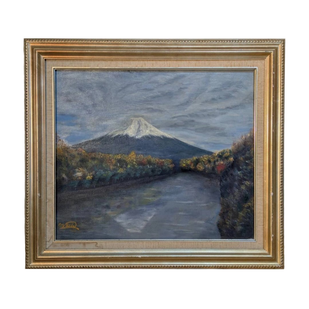 Oil Painting No. 10: Landscape Painting of Mount Fuji and Lakeside in Autumn, Framed: Frame dimensions approximately 68 x 60 cm; artwork dimensions approximately 52 x 44 cm.