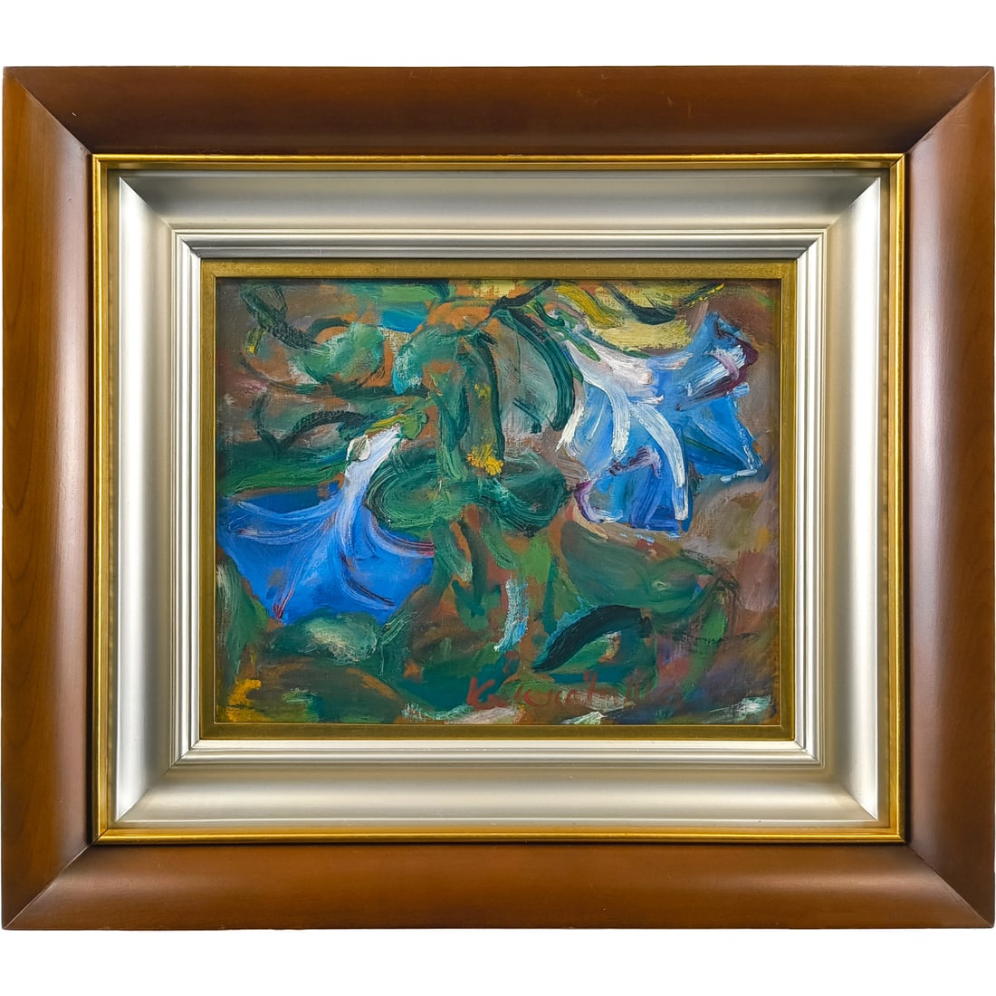Uenoyama Kiyotsugu, "Flowers," oil on wood panel.: The power of brushstrokes reveals the vivid vitality of flowers on the canvas. This work was created by a painter who once shone brightly in the Imperial Exhibition while bedridden. Technique: Oil on 