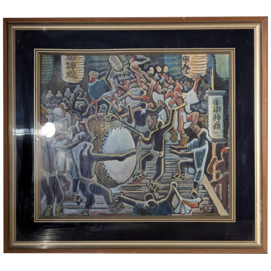 Oil on board, size 10 (Yugo) "Frenzied Festival: Night Procession of the Portable Shrine with: Frame dimensions approximately 73 x 66 cm Artwork dimensions approximately 53 x 45 cm Accompanied by a glass panel. The frame has scratches. Please note that there may be slight color differences betw