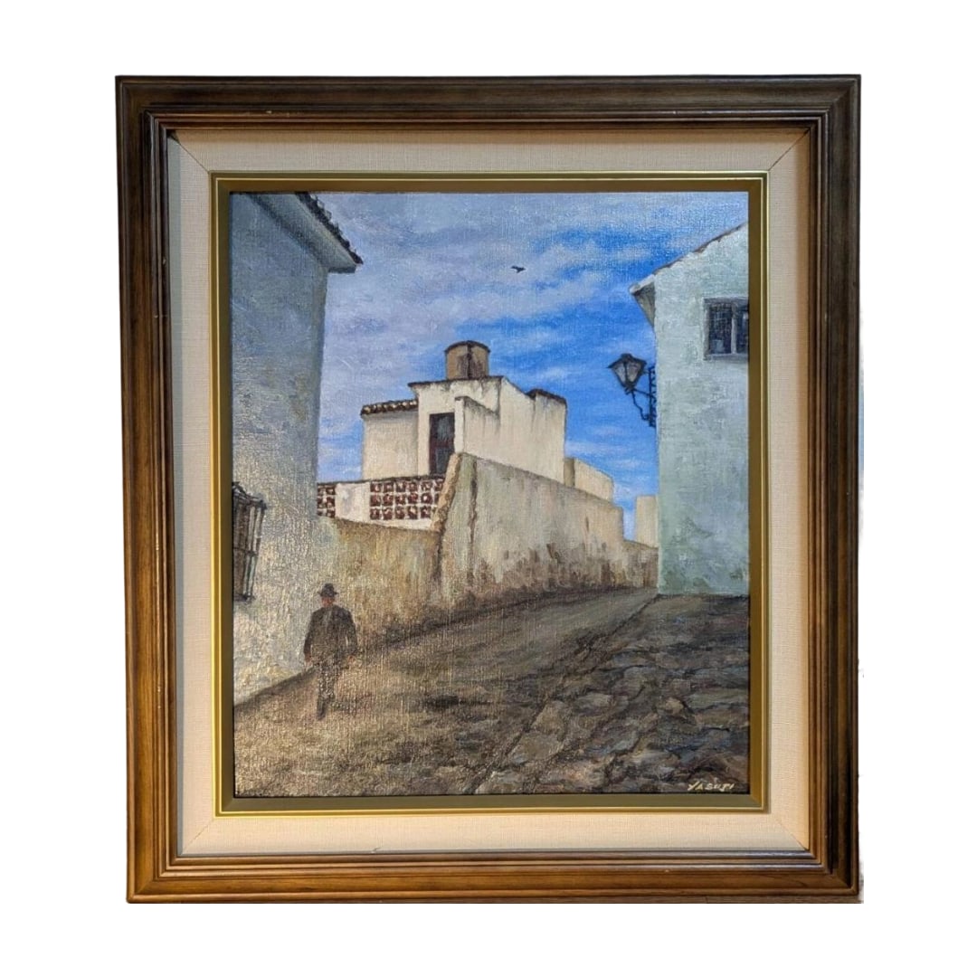 Yamada Yasutsugu, Oil Painting No. 10, Spanish Landscape, "Street Corner of Mijas": Frame dimensions approximately 64 x 71 cm Artwork dimensions approximately 46 x 53 cm Accompanied by a glass panel. The frame has slight scratches. The paint on the artwork is slightly raised.